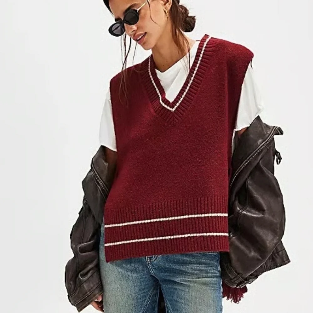 Free People Burgandy V-Neck All-star Poncho Oversized Vest with Tassels